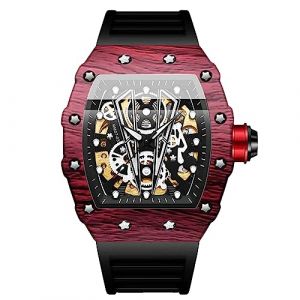RORIOS Homme Punk Sport Tonneau Montre de Poignet Mécanique Automatique Mode Squelette Étanche Lumineuse Silicone Noir Rouge B (RORIOS--FR, neuf)