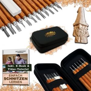 HOLZWURM Set d'outils de sculpture sur bois 12 pcs, sachet, instructions (EN) et pierre à aiguiser inclus, set de couteaux de sculpture sur bois idéal pour les débutants et les professionnels (A&N GesbR, neuf)