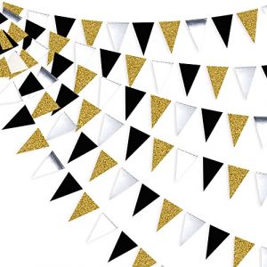 30Ft Or Noir Argent Drapeau Triangle de Papier Guirlande Dor&eacute; Paillettes Argent&eacute; Noir Miroir Double-Face Fanions Banni&egrave;re D&eacute;corations pour Anniversaire Bapteme Mariage Dipl&ocirc;m&eacute; Retraite de f&ecirc;te Decor (MZY Co., Ltd, neuf)