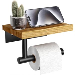 Tindbea Porte Papier Toilette Mural avec étagère Tablette, Support Mural en Bois pour Rouleau de Papier Hygiénique, Accessoires de Salle de Bain en Acier Inoxydable Noir Mat (Chêne Rouge) (Flylin, neuf)