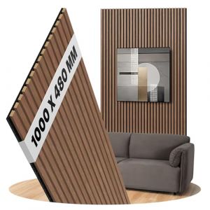 Panneaux acoustiques en noyer, lattes de bois en feutre noir, revêtement mural, surface : bois véritable, dimensions : 1000 x 480 mm - Largeur des lattes: 27 mm (noix) (uficell Parkettunterlagen, neuf)