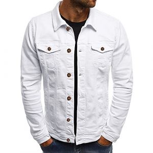 JJPAR Veste en Jean Homme sans Capuche Longue Blouson Jean Militaire Multi-Poches Col Revers Slim D&eacute;contract&eacute;e Vintage Pas Cher Sweat Moto Printemps Et&eacute; Blanc 3XL (Haoxinkjshop, neuf)