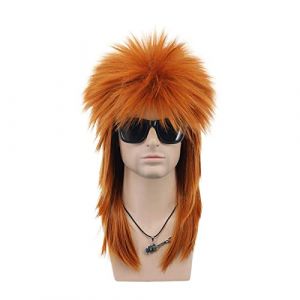 High-Quality Men's Wig, Perruque orange for hommes longue perruque de cheveux raides rétro des années 70 des années 80 perruque de déguisement d'halloween Cosplay Punk Rock Band perruque synthétique r (WangCaiXia SHOP, neuf)