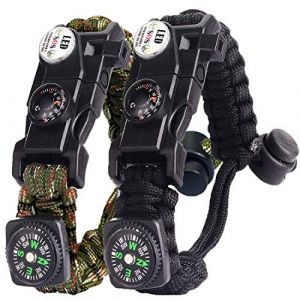 Bracelet Paracorde Survie pour Homme Femme, Militaire Paracord Bracelet Kit avec Flint + Boussole + Thermomètre + Sifflet + Lumière LED pour Extérieur, Randonneur, Baroudeur, Explorateurs (BXooo, neuf)