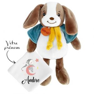 KDO MAGIC - Doudou personnalisé - Personnalisable avec Un prénom - Peluche personnalisée - Cadeau Naissance, garçon, Fille, bébé, Anniversaire (Lune Rose, Chien) (KDO-MAGIC, neuf)