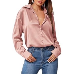 Zeagoo Chemisier en satin pour femme - Col en V - Décontracté - En soie - Manches longues - Tunique, Rose, XL (Zeagoo direct, neuf)