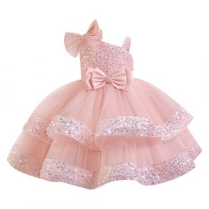 IDOPIP Enfant Fille Robe De Soir&eacute;e Sequins Bowknots Tulle sans Manches Anniversaire Noeud Papillon Robe pour La F&ecirc;te Rose p&acirc;le 120cm (BXH, neuf)