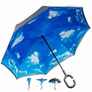 GOODS+GADGETS® Parapluie inversé avec ciel bleu et poignée en C pour avoir les mains libres ; parapluie à bâton inversé Parapluie de pluie intelligent de 105 cm de diamètre (Goods & Gadgets GmbH, neuf)