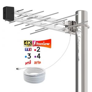 Antenne TV Ext&eacute;rieure 20 &Eacute;l&eacute;ments Yagi &ndash; R&eacute;ception TNT HD/UHD 4K &ndash; Antenne R&acirc;teau Longue Port&eacute;e Compatible DVB-T/T2 &ndash; R&eacute;sistante aux Intemp&eacute;ries &ndash; C&acirc;ble Coaxial 8 M Inclus (Kalak, neuf)