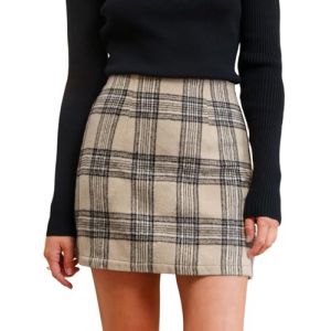 CUPSHE Jupe pour femme &agrave; taille haute &agrave; carreaux moulante Tube crayon mini jupe courte, beige, M (CUPSHE FR, neuf)