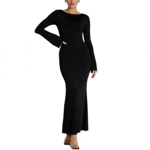 BKEPDY Femme Robe de Soiré Cocktail Longue Sexy Manche Longue Robes Bodycon Slim Fit Long Maxi Dress Couleur Unie Moulante Streetwear pour Cocktail Party Clubbing Nuit (SHANXISHUNHUANGXUANSHANGMAO, neuf)