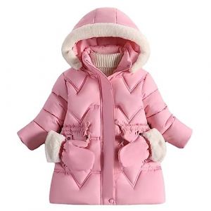 linboo Manteau Fille Doudoune Chaud Veste &agrave; Polaire Enfant Blouson d'Hiver &agrave; Capuche Fourrure Epaisse Rembourr&eacute; Parka avec Gants, Rose, 7-8 ans (TBONBON-EU, neuf)