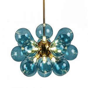 Lustre plafonnier, Lustre en Verre à 18 Ampoules, luminaire Suspendu Moderne du Milieu du siècle, Abat-Jour en Boule de Verre Bleu, Lustre Spoutnik for Chambre à Coucher, Salon, Couloir (Meng Huo, neuf)