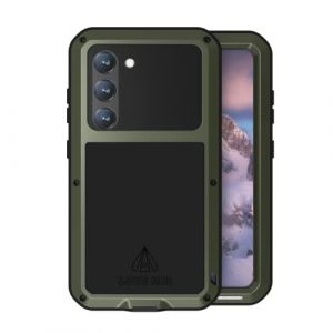 LOVE MEI Coque pour Samsung Galaxy S23, Outdoor Sports Heavy Duty M&eacute;tal Blind&eacute; Coque &Eacute;tanche Antichoc Anti-poussi&egrave;re Full Body Protection Case avec Verre tremp&eacute; pour Galaxy S23 (Vert) (Yeon store, neuf)