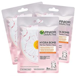 3 x Garnier SkinActive Hydra Bomb Masque facial en tissu hydratant et apaisant avec camomille et acide hyaluronique – 3 boîtes de 1 application (Eurocali, neuf)