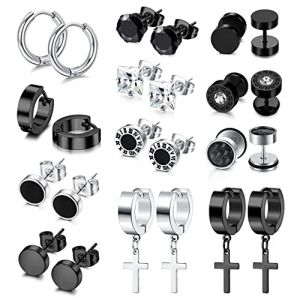 Dochais 12 Paires Boucles d'Oreilles Hommes Boucles d'Oreilles Noires en Acier Chirurgical Hypoallerg&eacute;nique Piercing Oreille Cr&eacute;oles Noires pour Hommes Gar&ccedil;ons Style Punk (Dochais, neuf)