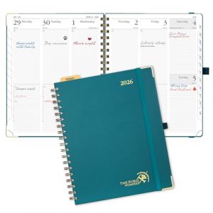 POPRUN TJ-26-WEHB5-PG &ndash; Agenda 2026 (25,4 x 20,3 cm, couverture rigide &agrave; spirales) &ndash; Agenda 2026 (janvier 2026 &agrave; d&eacute;cembre 2026) avec horaire &ndash; TJ-26-WEHB5-PG &ndash; Vert pacifique (Time Works Wonders, neuf)