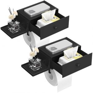 Lifewit Porte-Rouleau WC avec Tablette de Rangement et Tiroir, Porte-Rouleau WC &agrave; Visser ou &agrave; Coller au Mur, Bo&icirc;te de Rangement &Eacute;tanche et Lavable pour Lingettes Humides de Toilette, Noir, 2 Paquet (Lifewit Home FR, neuf)