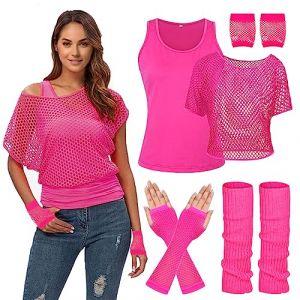 WILDPARTY Déguisement Année 80 90 Femme Fluo T-shirt Resille, Débardeur Jambières Gants en Maille Costume, Kit Annee 80 Femme Accessoires Carnaval Vêtements D'aérobic Fête Thème (AMS-EU, neuf)