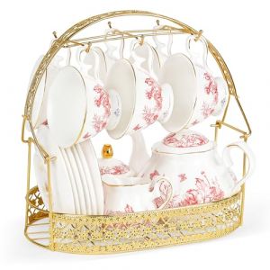 fanquare 21 Pi&egrave;ces de Service &agrave; Th&eacute; en Porcelaine Vintage, Feuilles de Th&eacute; Rouge Apr&egrave;s-midi Ensemble, Service &agrave; Caf&eacute; en C&eacute;ramique avec des Cuill&egrave;res de Support pour les Femmes de Mariage (FangKuai, neuf)