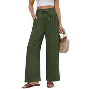 PASUDA Pantalon Femme &Eacute;t&eacute; Lin Pantalons D&eacute;contract&eacute;s Pantalon Taille Haute Elastique Pantalon en Coton Chanvre L&eacute;ger Large Pantalon Fluide Ample avec Poches (Vert, XL) (Amutoo, neuf)