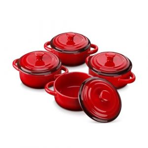 LOVECASA Mini Cocotte Individuelle en Grès pour four avec Couvercle - 4 X 380 ml Petite Cocottes Ronde Ramequin Crème Brûlée pour la Cuisson - Passe au Lave-vaisselle - Rouge Dégradé (Ø12.3 x H5.1 cm) (LOVECASA-Dinnerware and Kitchen Accessories, neuf)