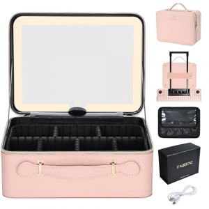 Malette Maquillage avec LED Grand Malette Esthetique Portable en Cuir PU Trousse Maquillage avec Miroir Lumineux Amovible Vanity Maquillage avec Support pour pinceaux de Maquillage, Rose p&acirc;le (sxadesa, neuf)