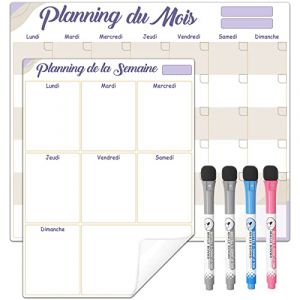 ANLIOTE Calendrier Tableau Blanc Planning Mois et Semaine Auto Adhésif pour Mur, Frigo, Surfaces Lisses Nano Technologie, Calendrier Mural 2025, Planificateur de Menus, Organisateur Familial,4 Feutres (AOSOT, neuf)