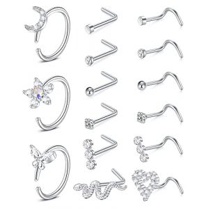 Mayhoop 18G Piercing Nez Anneaux Piercing de Nez pour Acier Chirurgical Piercing pour le NezArgent Nostril Piercing Nez Piercing bijoux pour Femmes Hommes 15Pcs (Mayhoop, neuf)