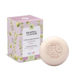 Rampal Latour - 3 Savonnettes rondes surgrasses - Mains et Corps - Parfum Patchouli - Soin Nettoyant Surgras à l'huile d'amande douche - 97,7% d'origine naturelle - 3x125g (RAMPAL LATOUR, neuf)
