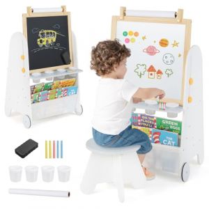 COSTWAY 4 en 1 Tableau Enfant en Bois avec Tableau Noir & Tableau Magnétique Réglable, Chevalet d'Art Enfant avec Étagère à Livres & Rouleau de Papier, Table Enfant avec Chaise pour 3 Ans+ (FDS GmbH, neuf)