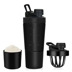ROCKY&CHAO Shaker à protéines en acier inoxydable - 700 + 200 ml - Avec compartiment à poudre - Pour le sport, le fitness - Bouteille de protéines (avec couvercle à bouton) - Noir (Myriad Choices, neuf)
