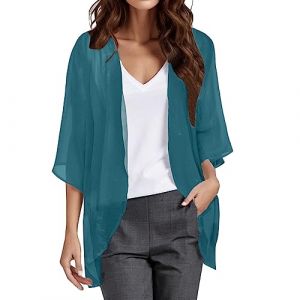 Cardigan Mousseline Boléro Femme Court Soie Gilet Été Chic et Elegant 3/4 à Manches Évasées Boléro Veste Léger Plage Châle pour Robe T Shirt Décontracté Soirée Cérémonie Cardigan Manches Longues (UoUa1245, neuf)