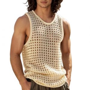Foweknow Débardeur en maille transparente sans manches pour homme - T-shirt en maille filet transparente - Respirant - Léger - Décontracté - Pour l'été - Sport, 02 Beige, XL (ROTPMS, neuf)