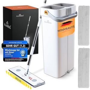XL Mop et Seau, Syst&egrave;me Double Compartiment, Balai Serpilli&egrave;re Microfibre 40 cm, Manche T&eacute;lescopique 143&ndash;181 cm, Essoreur Mains Libres, Retrait Poils Animaux, 2 Pads Lavables, Blanc &ndash; ALANBERG&reg; (MarketLeap, neuf)