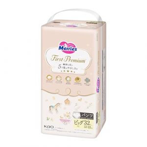 Merries First Premium Pants (12-22 kg), 32 pi&egrave;ces (douceur 5 &eacute;toiles pour la peau d&eacute;licate) (Couches b&eacute;b&eacute; japonaises Merries , Moony "Japan Nappies" LTD, neuf)