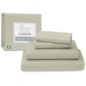 Pizuna 100% Coton Parure de Lit 140x200 cm Argent, Tissu de Satin de Coton à 600 Fils au Pouce carré Comprend 1 Drap Housse, 1 Drap Plat, 2 Taie d'oreiller (Coton Draps 2 Personnes) (Pizuna Linens, neuf)