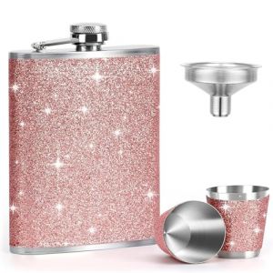 ZHITENG 4 Pièces Flasque a Alcool 8oz Avec 1 Entonnoir et 2 Verres à Vin, Flasque en Acier Inoxydable cuir rose, Mignonette Alcool de Poche Portable, Fiole pour Escalade Randonnée Camping (AZHITENG, neuf)