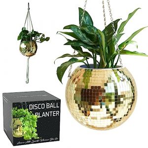 SCANDINORDICA Pot de fleurs en forme de boule disco. Comprend : pot de fleurs disco avec cha&icirc;ne, suspension en macram&eacute; et support en acrylique pour bureau, insert auto-arrosant, 25,4 cm, dor&eacute; (SCANDINORDICA FR, neuf)