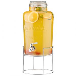 Navaris Distributeur de boisson en verre - Fontaine 8 L avec robinet fermeture couvercle filtre et suppport en métal - Carafe eau boissons froides et chaudes (SX-Commerce, neuf)