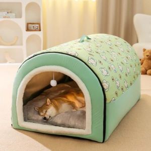 Niche 2 en 1 pour chien avec coussin anti-anxiété doux et chaud, niche apaisante pliable, lit igloo antidérapant pour animaux de compagnie, pour chiens et chats, amovible et lavable (L : 60 x 45 x 40 (Monba, neuf)