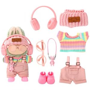 7pcs Ensemble V&ecirc;tements Poup&eacute;e Peluche, Adorable Haut Arc-en-Ciel Pantalon Casque Lunettes Sac Chapeau et Chaussures Tenue Poup&eacute;e Tendance pour Habiller et Exposer (moncion, neuf)