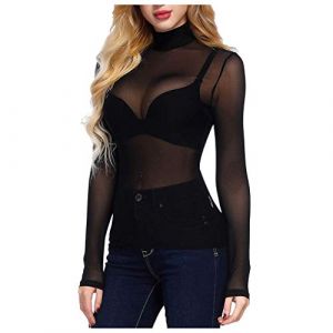 Haut Transparent Femme Tee Shirt Manches Longues Sheer Mesh Top Moulant Sexy Chemise en Voile Blouse Tulle Noir pour Soirée Club (Noir, L) (Haikouxunchuanhandianzishangwuyouxiangongsi, neuf)