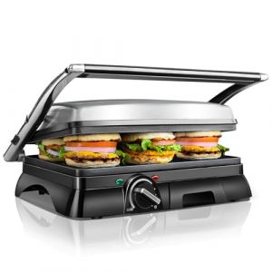 Aigostar Gril viande et panini multifonction, 2000W, Appareil paninis，Plaques antiadhésives et ouverture à 180º, Bac à graisse amovible, Appareil à Croque-Monsieur Samson 30klu XXL (AIGOTECH, neuf)