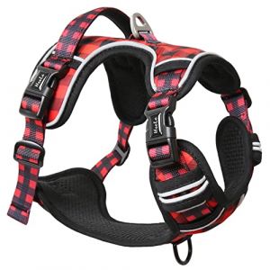 HEELE Harnais Chien Harnais pour Chien Anti Traction Réfléchissant Harnais avec Poignée Rembourrée, 1 Boucle sur la Sangle Droite Cou Rendent Facile à Mettre et à Enlever, Noir-Rouge Plaid, XL (Heele Euro, neuf)