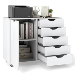 Giantex Caisson Bureau à Roulettes, Meuble Rangement Bureau avec 5 Roues, 5 Tiroirs, 2 Compartiments, Porte, Meuble Imprimante Roulant，Armoire de Document pour Format Lettre, A4, Légal, Blanc (GIANTEX, neuf)