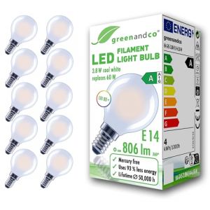 greenandco 10x Ampoule &agrave; filament LED | d&eacute;polie | E14 G45 | 3,8W 806lm | remplace 60W | 6500K blanc froid | 320&deg; | 230V | sans scintillement | Classe &eacute;nerg&eacute;tique A | non-dimmable (greenandco-fr, neuf)