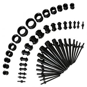 NUDVMUCH 50 pi&egrave;ces Ecarteur Oreilles Silicone Jauges Elargissement 1.6-10mm Kit d'&eacute;tirement Oreille, des oreilles c&ocirc;nes et bouchons en acrylique + tunnels en silicone, Noir (TaoTaoBu, neuf)
