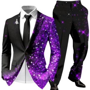 Foweknow Costume de No&euml;l pour homme 2 pi&egrave;ces moche costume de No&euml;l imprim&eacute; 3D veste de costume et pantalon de costume ensemble complet tenue de f&ecirc;te de No&euml;l costume de f&ecirc;te slim fit pour homme, Violet (ROTPMS, neuf)