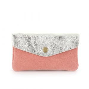 Double Tree - Porte-Monnaie Cartes Cuir V&eacute;ritable Su&egrave;de Iris&eacute; Femme - Portefeuille Sac Rangement &Agrave; Rabat - Format Mi-Long Taill M - L&eacute;ger Pratique - Corail (CROCOCHIC, neuf)